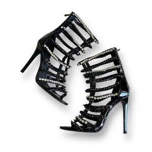 I AM JENNIFER LE Razor High Heel Black Patent Leather Crystal Sandals Size 39